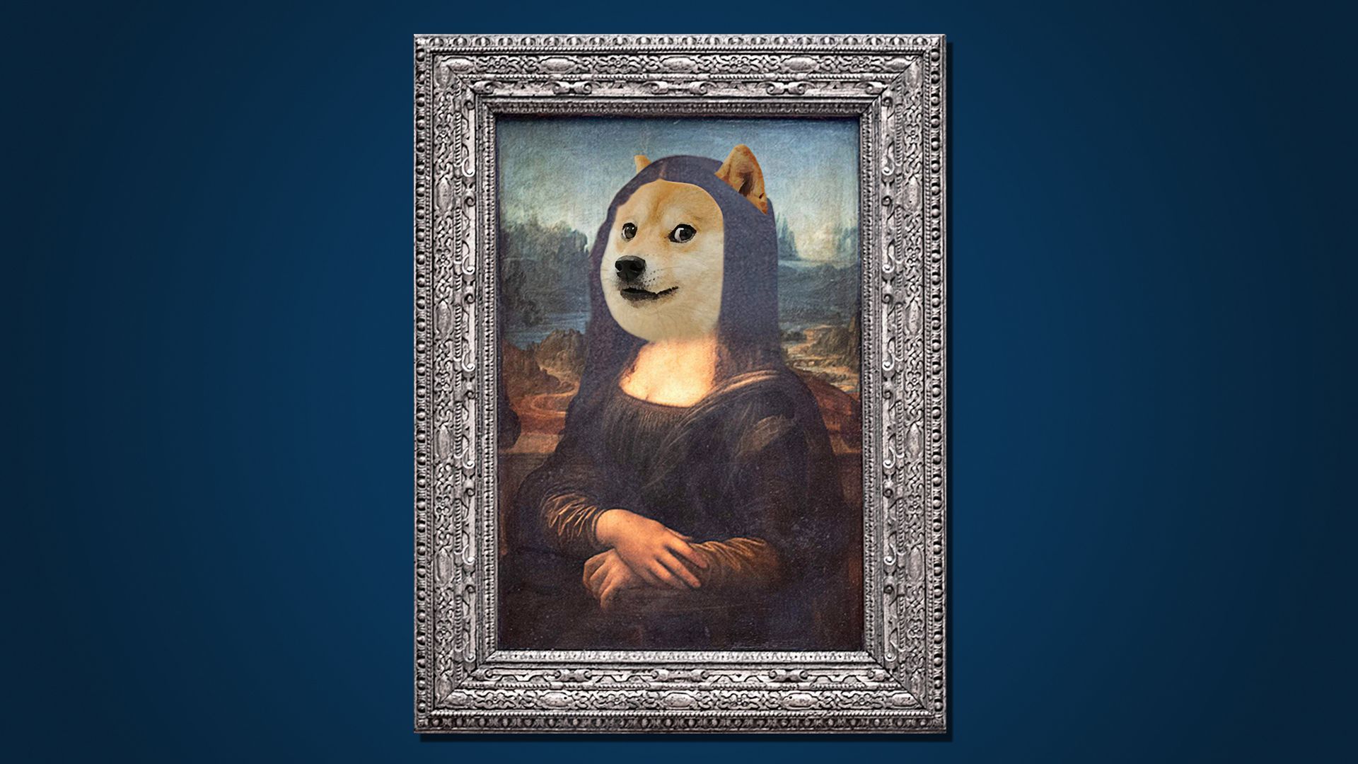 Illustration of the Doge head meme on the Mona Lisa in a framed painting.