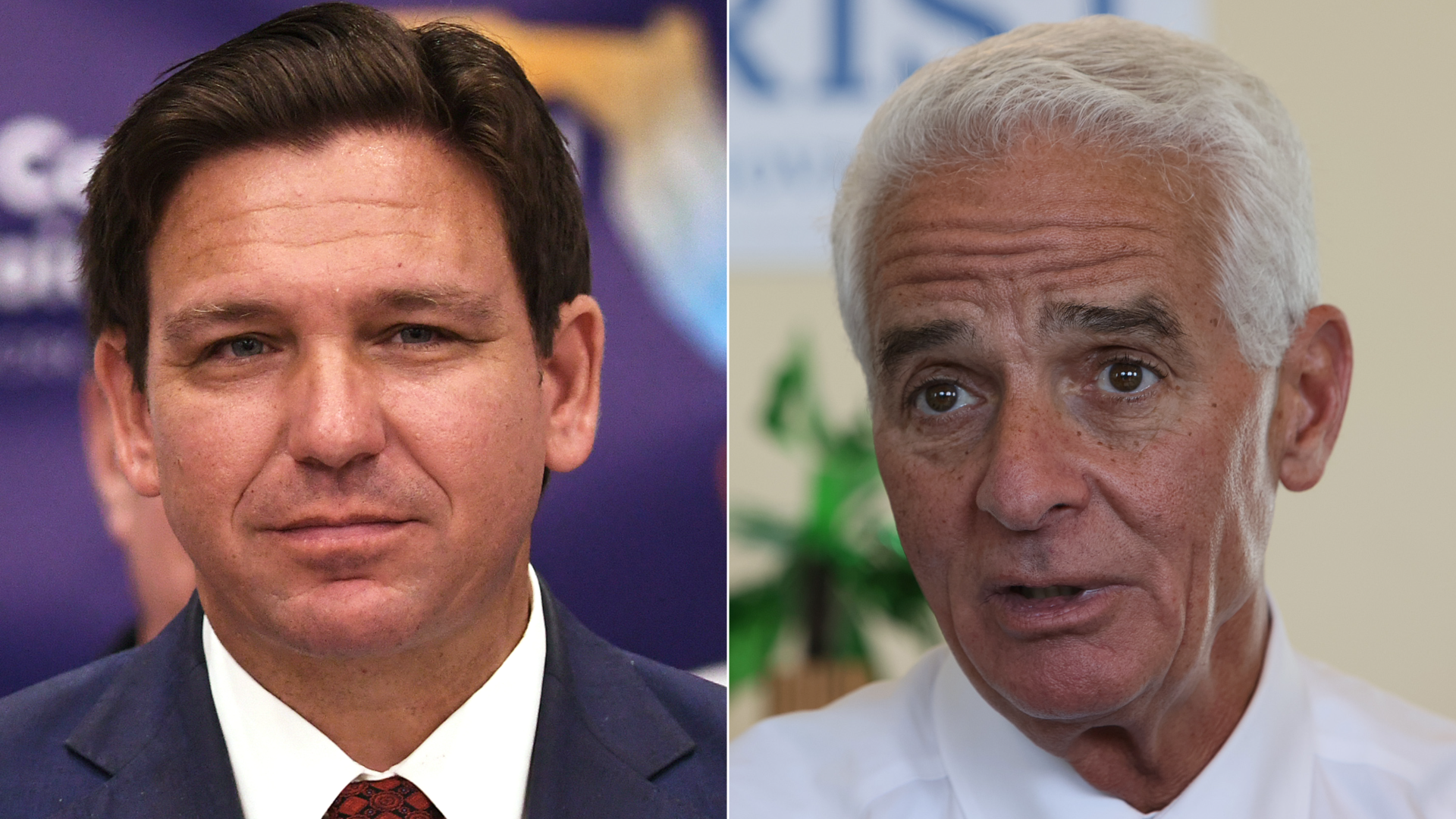 Side-by-side images of Florida Gov. Ron DeSantis and former Gov. and U.S. Sen. Charlie Crist.