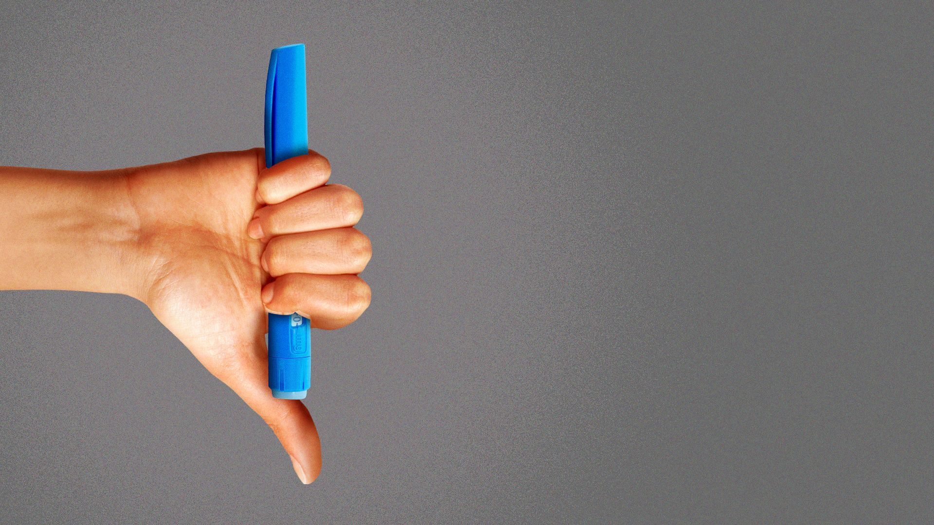 Illustration of a hand holding a semaglutide injector while making a thumbs down.