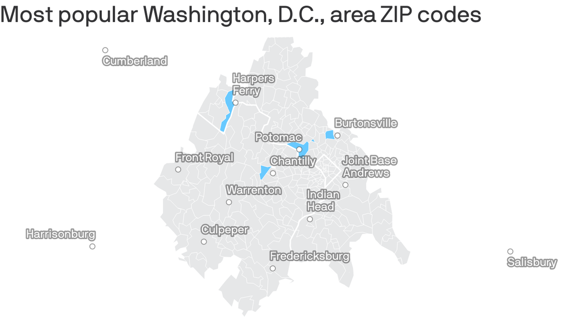 A map of the D.C. metro highlighting the five top zip codes in blue.