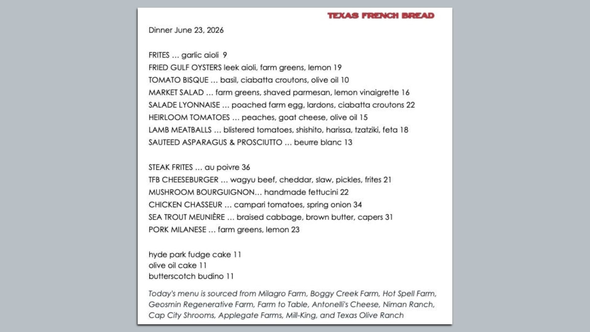 White dinner menu page with a red header reading "Texas French Bread"; shows date Dinner June 23, 2026 and a long list of dishes with brief ingredient notes.