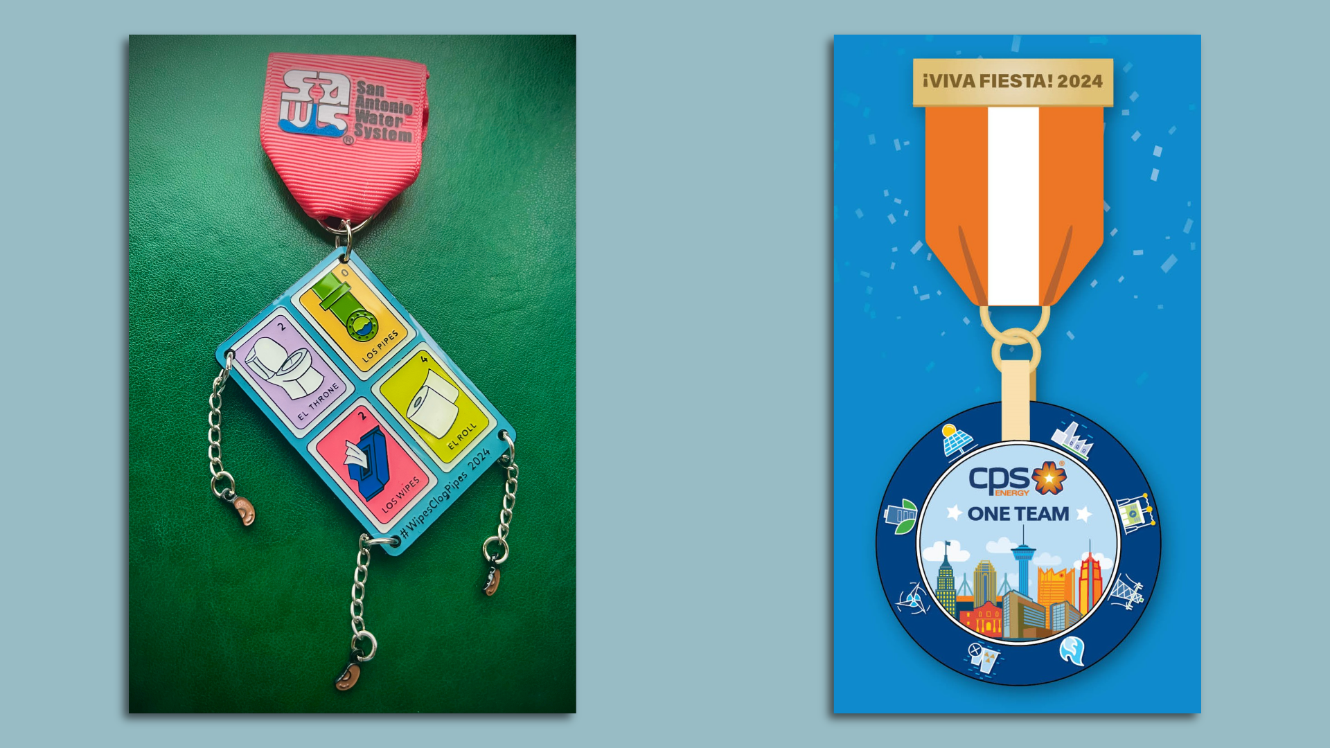 A side-by-side photo of two brightly colored medals.