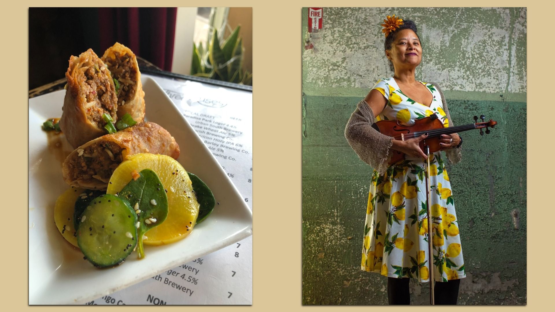 Two side by side photos. At left, egg rolls on a white plate, and at right, a woman holds a fiddle and smiles.