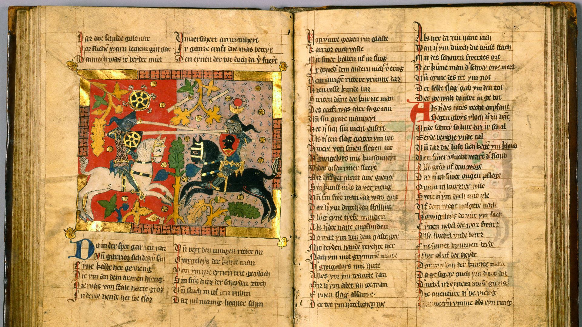 Lavishly illustrated German manuscript containing the Arthurian romance of Wigalois. Leiden, University Library, Ltk 537, f. 71v-72r.