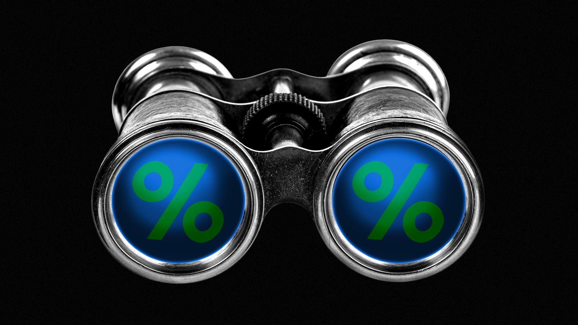 Illustration of silver binoculars with green percentage symbols in the lens