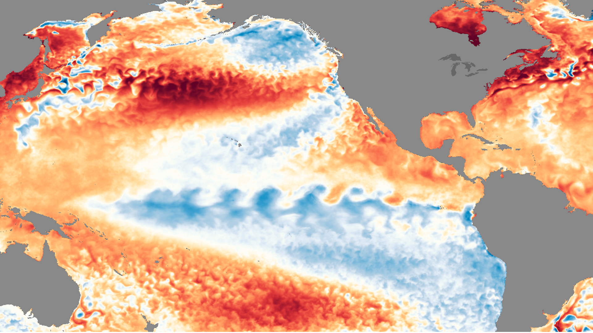 Map showing sea surface temperature departures from average in the tropical Pacific. 
