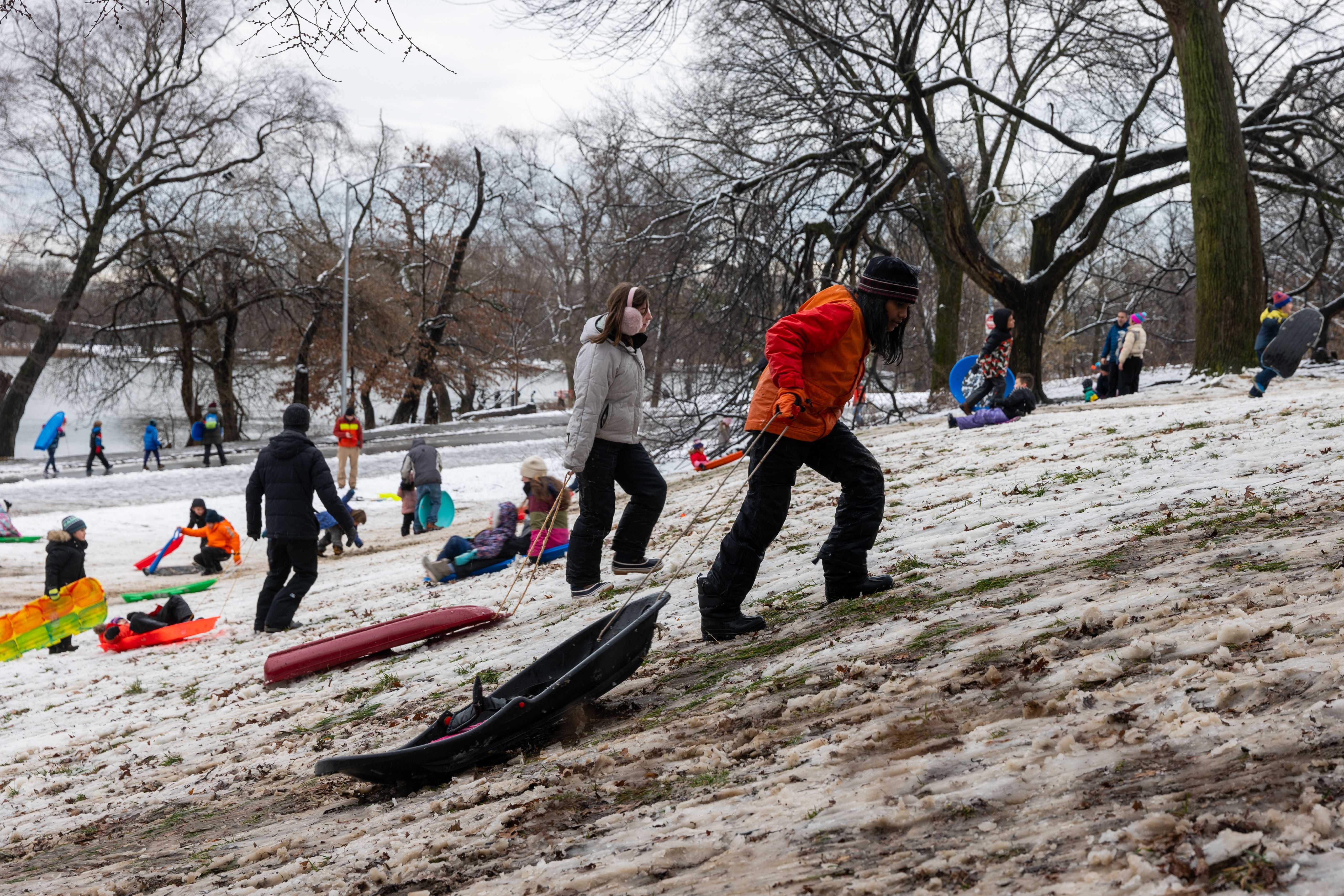 People sledding in Brooklyn's Prospect Park on Feb. 13.