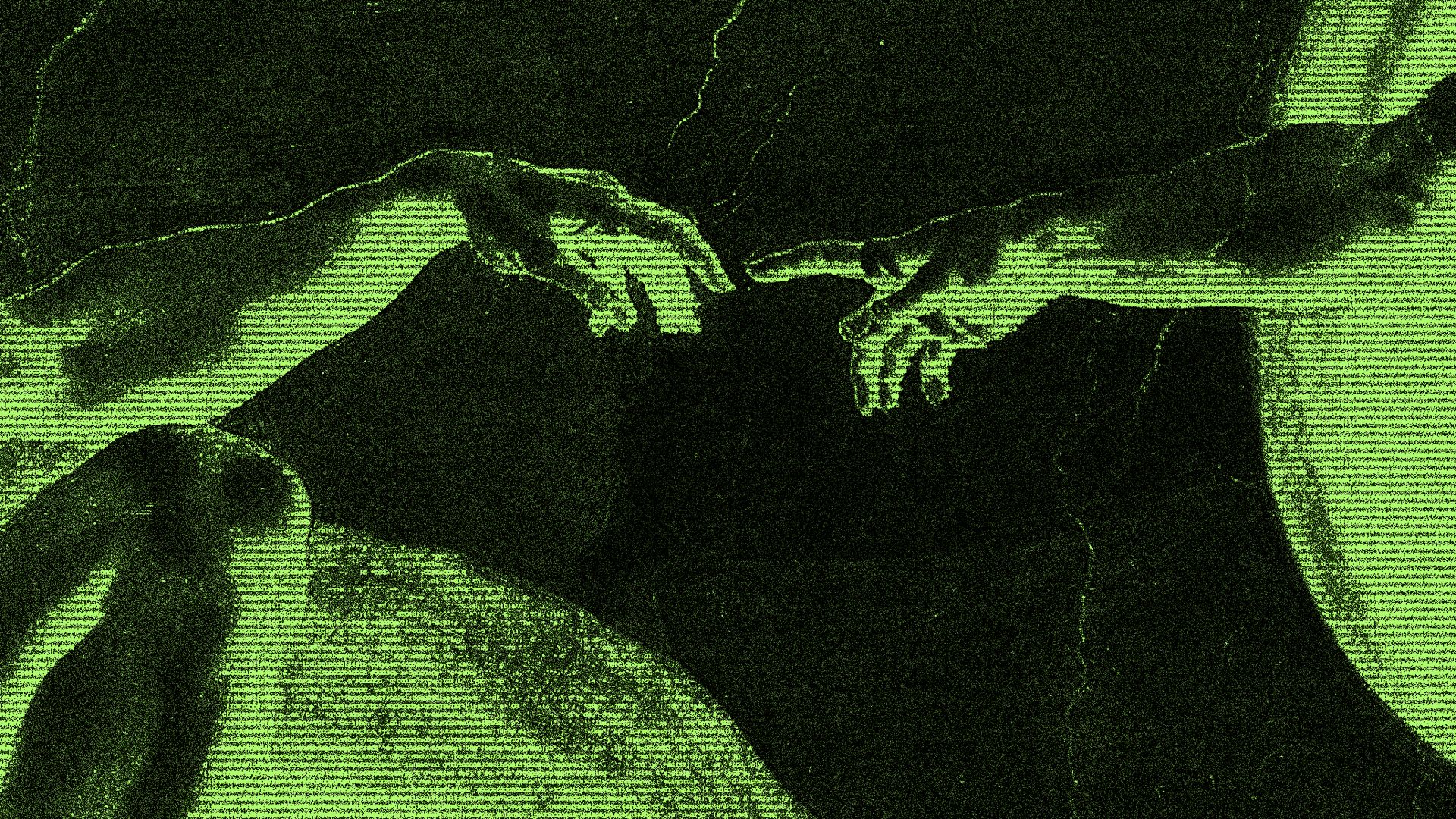 Illustration of The Creation of Adam made from artifacted digital code