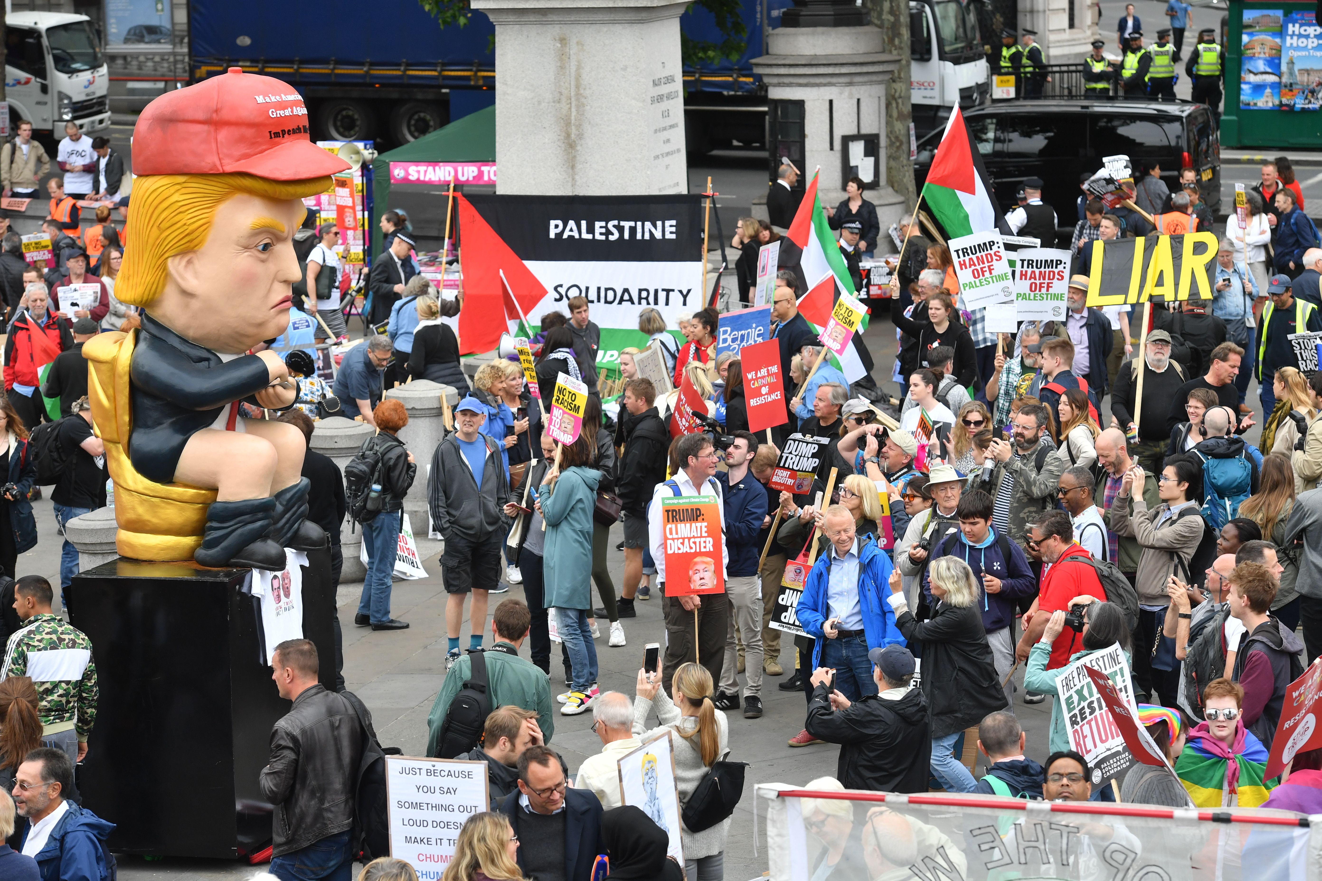 Protestors gather in Trafalgar Square, London on the second day of the state visit to the UK by US President Donald Trump. 