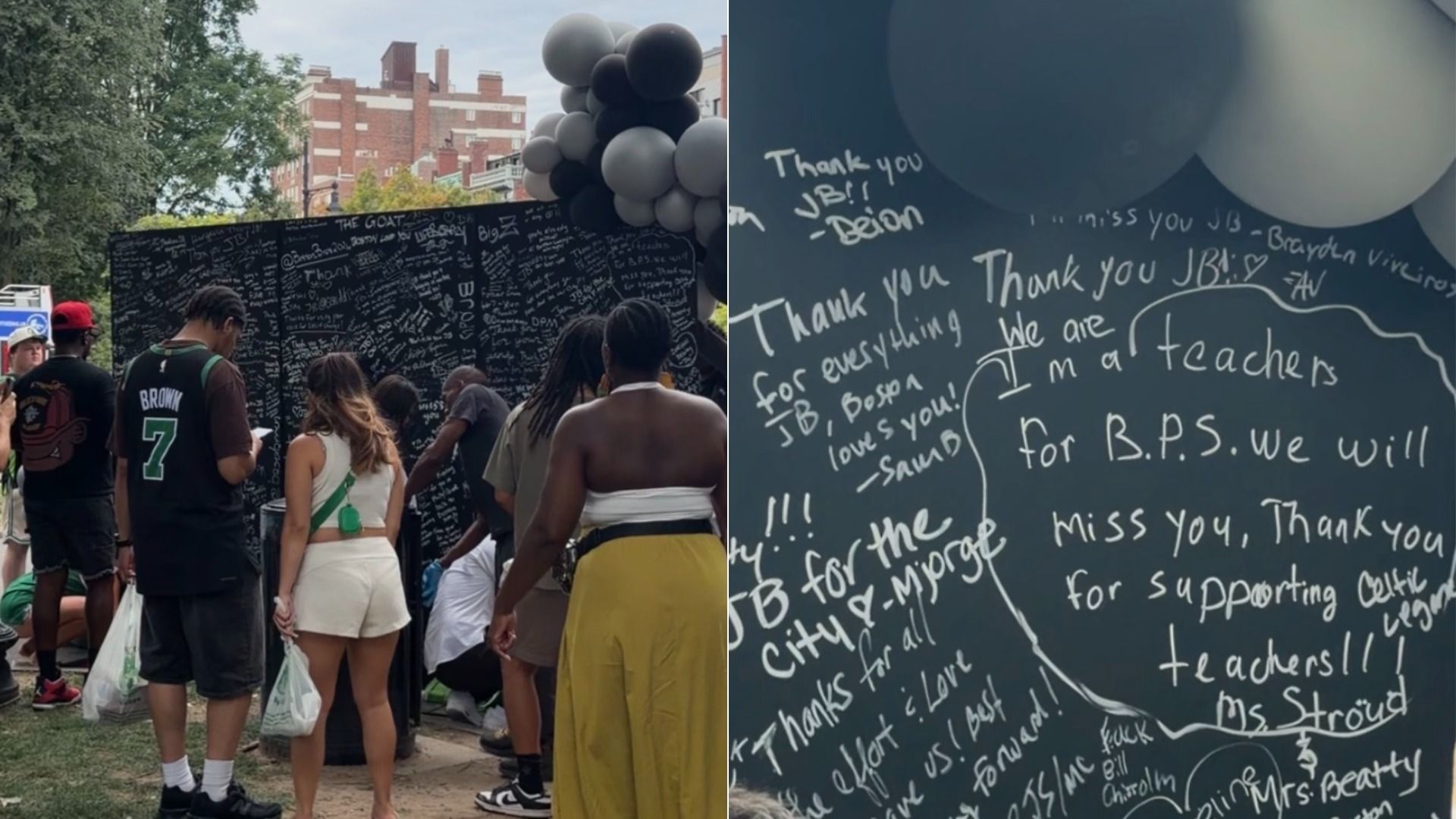 A composite image shows, on the left, a shot of people crowding around a large, double-sided blackboard where people were leaving heartfelt messages for Jaylen Brown and, on the right, a close up of messages that say, "Thank you JB!" "JB for the city" and other messages.