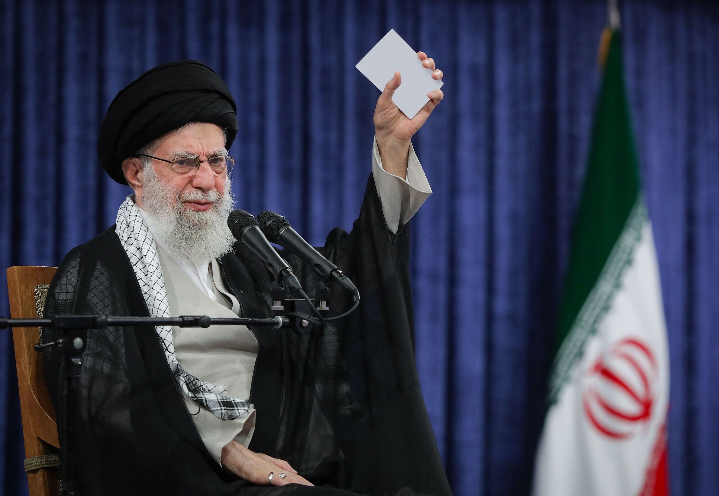 ) Iranian Supreme Leader Ayatollah Ali Khamenei makes the remarks during a ceremony marking the first anniversary of the death of former Iranian President Ebrahim Raisi, who died in a helicopter crash in northern Iran last year, in Tehran, Iran, on May 20, 2025. Iran's Supreme Leader Ayatollah Ali K