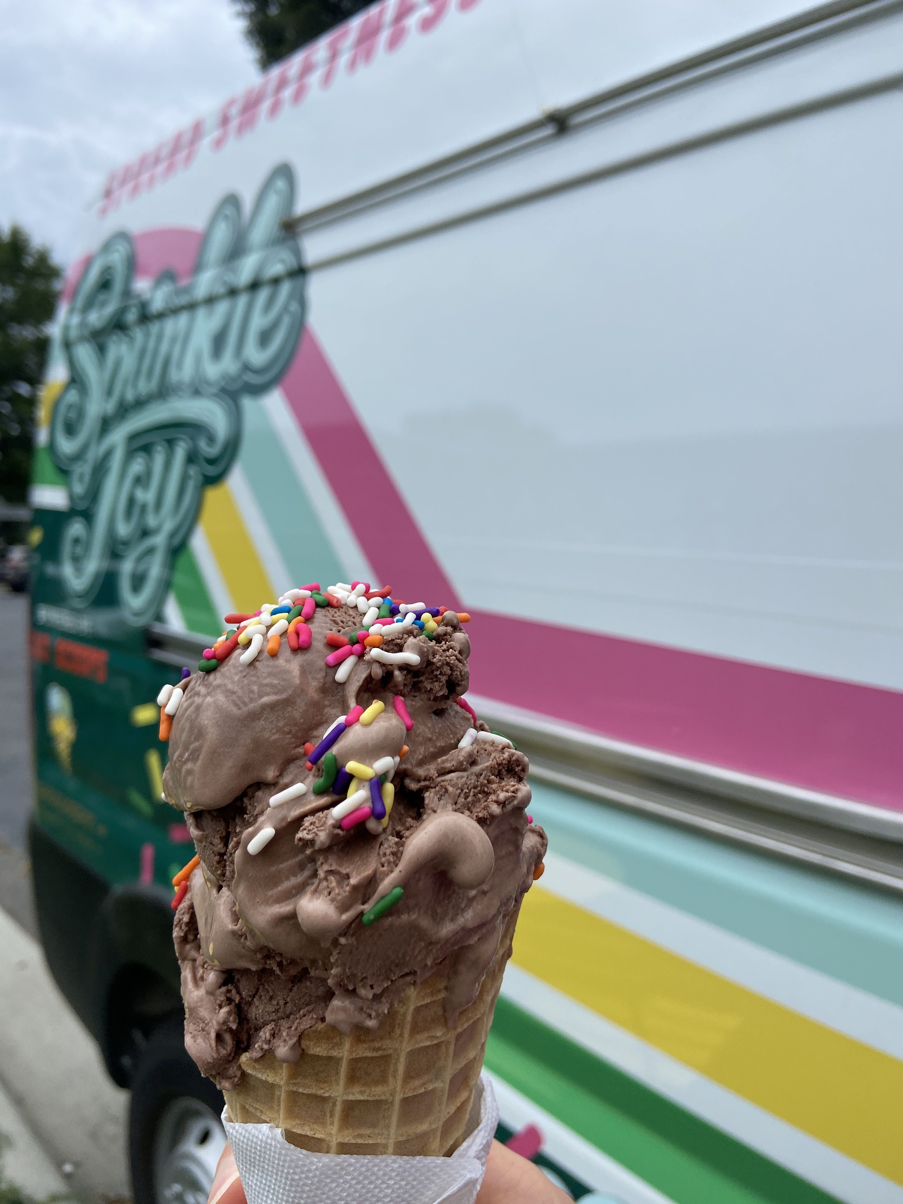 Close-up of chocolate ice cream with colorful sprinkles in a waffle cone held in front of a truck with the words "Sprinkle Joy" and colorful stripes.