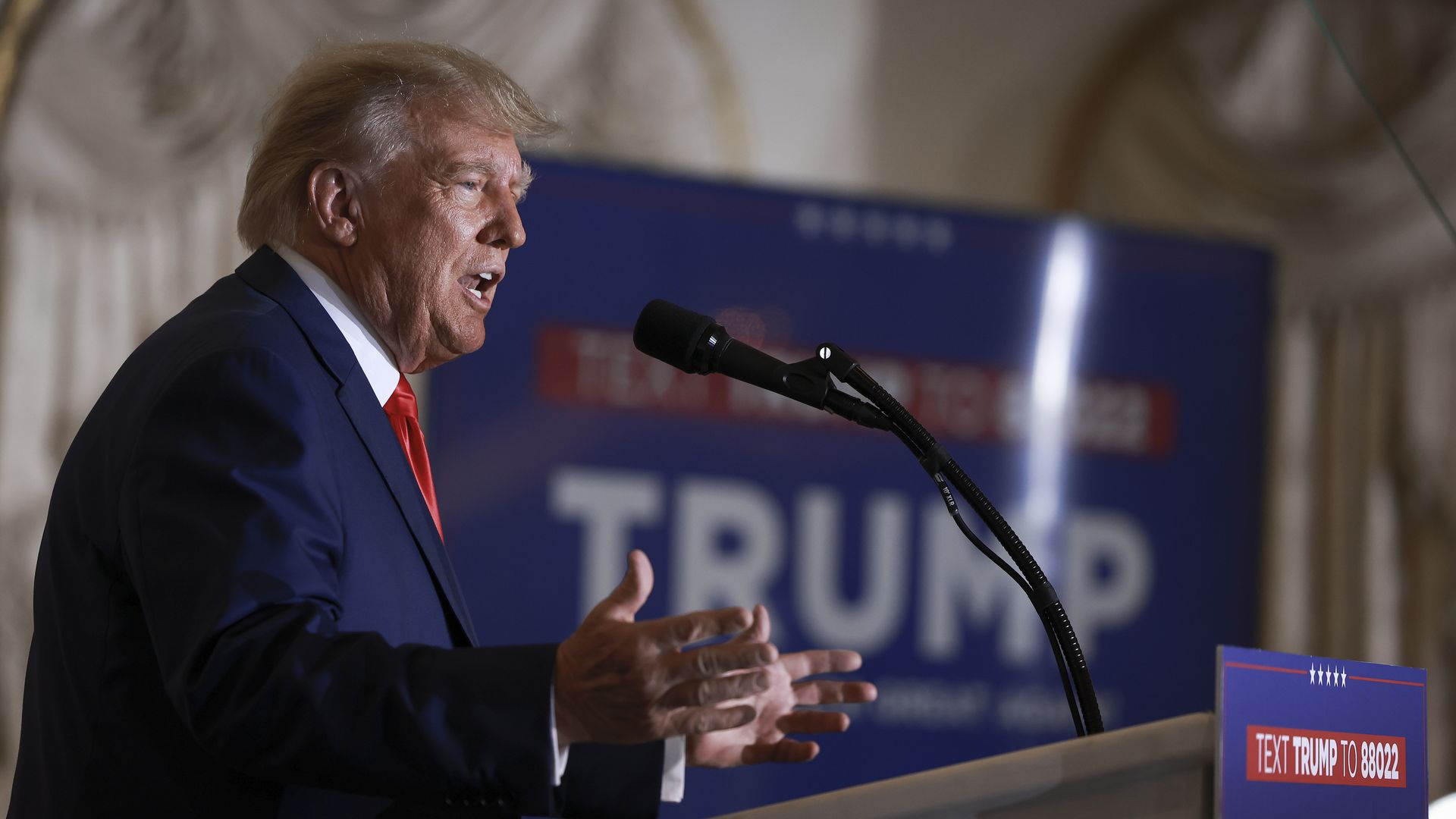 Former U.S. President Donald Trump speaks during an event at Mar-a-Lago April 4, 2023 in West Palm Beach, Florida.