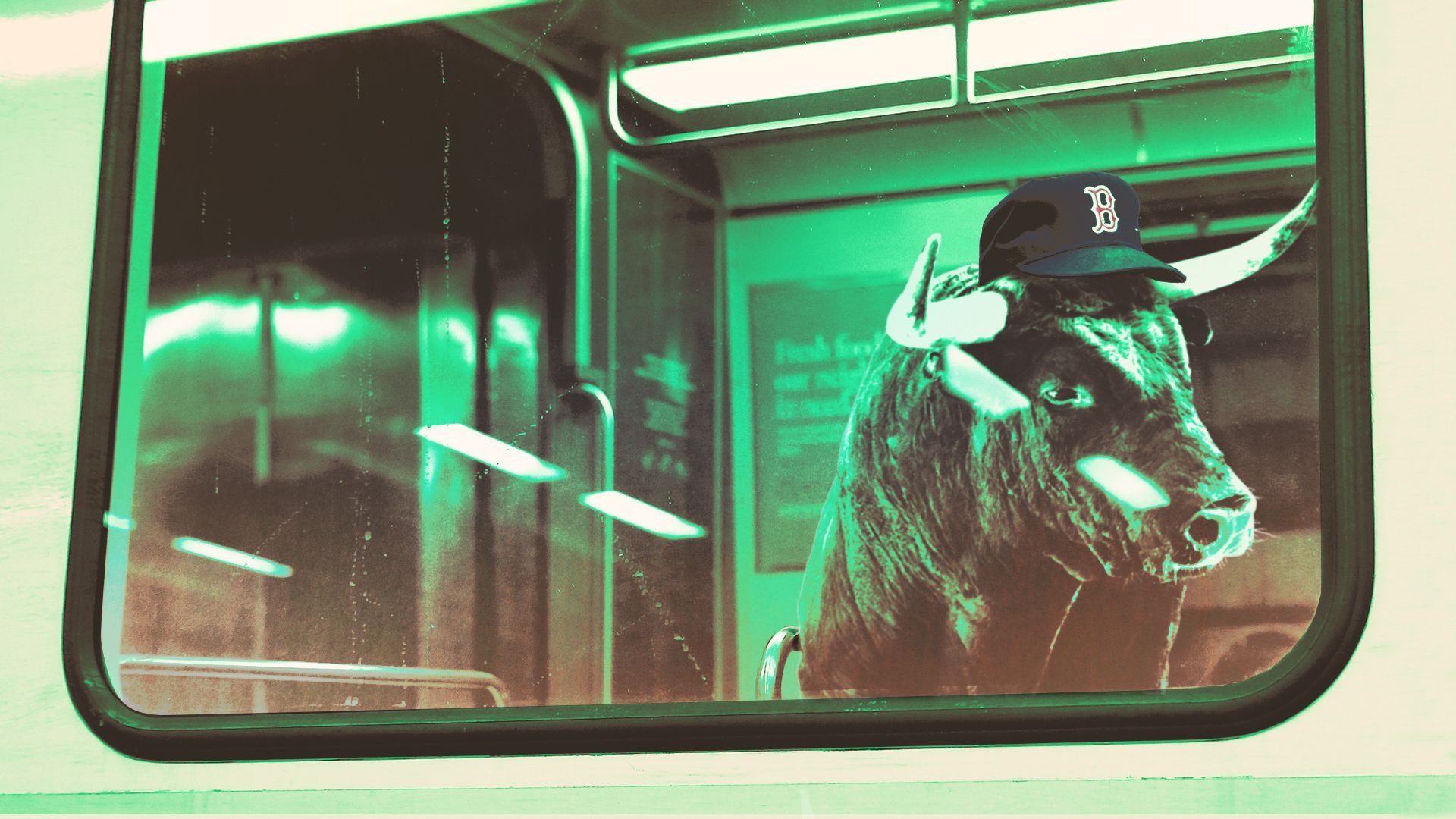 Photo illustration of a bull wearing a Red Sox hat sitting on an MBTA train.