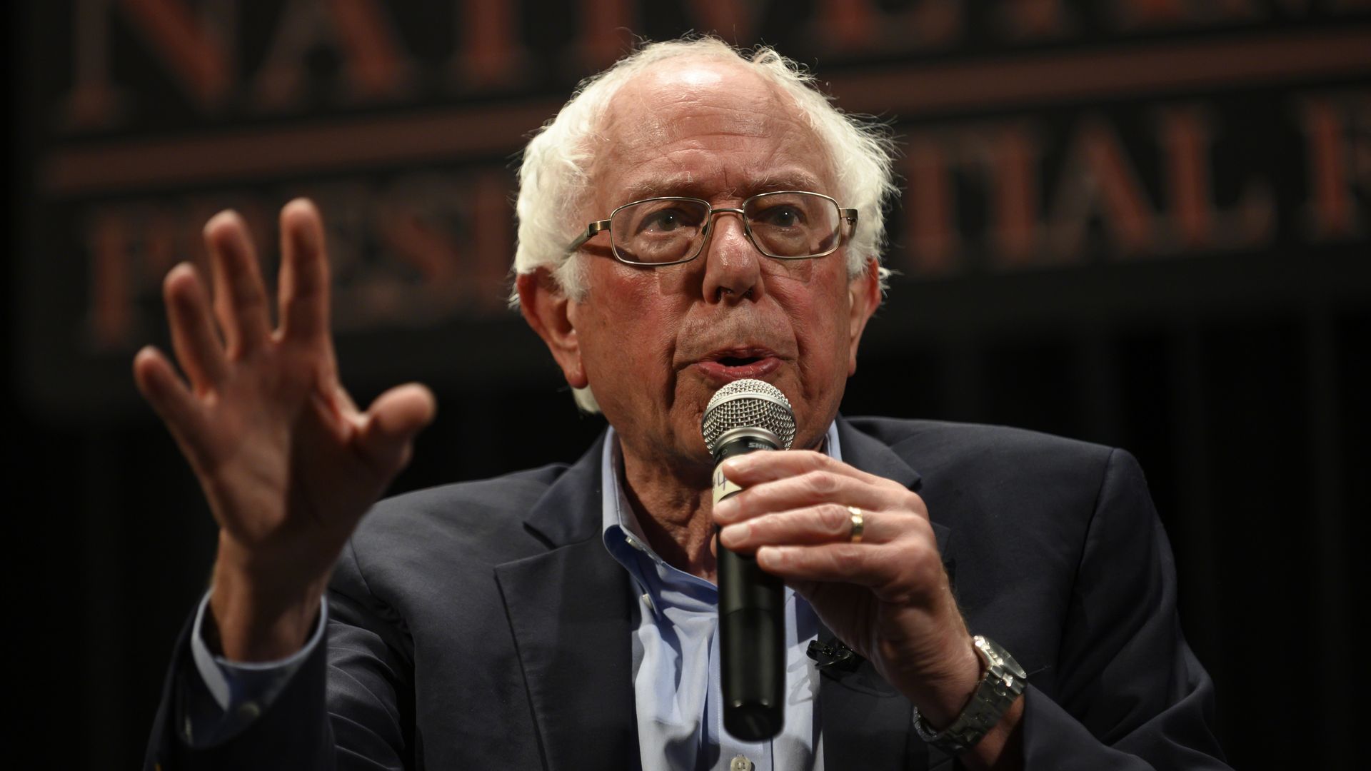 Democratic presidential candidate Sen. Bernie Sanders (I-VT) speaks at the Frank LaMere Native American Presidential Forum on August 20, 2019 in Sioux City, Iowa. 