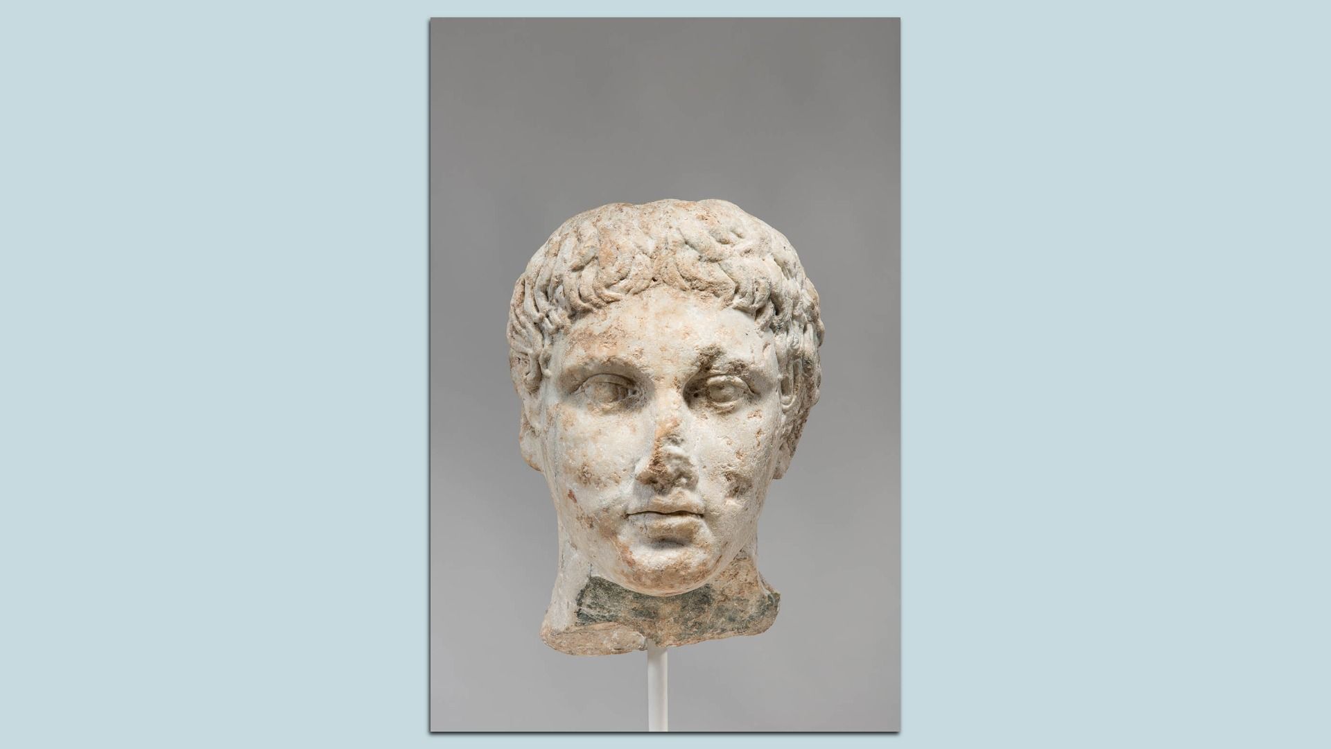 An ancient weathered marble bust of a man with short curly hair and a serious expression, displayed on a stand against a plain gray background. The "Head of Hermes" is one of nine pieces that the San Antonio Museum of Art returned to Italian ownership.