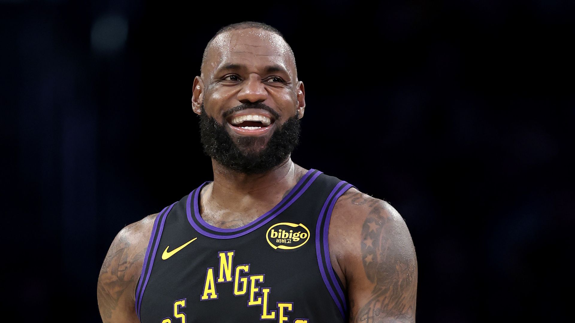 LeBron James #23 of the Los Angeles Lakers reacts against the Utah Jazz during the second quarter at Crypto.com Arena on November 18, 2025 in Los Angeles, California.