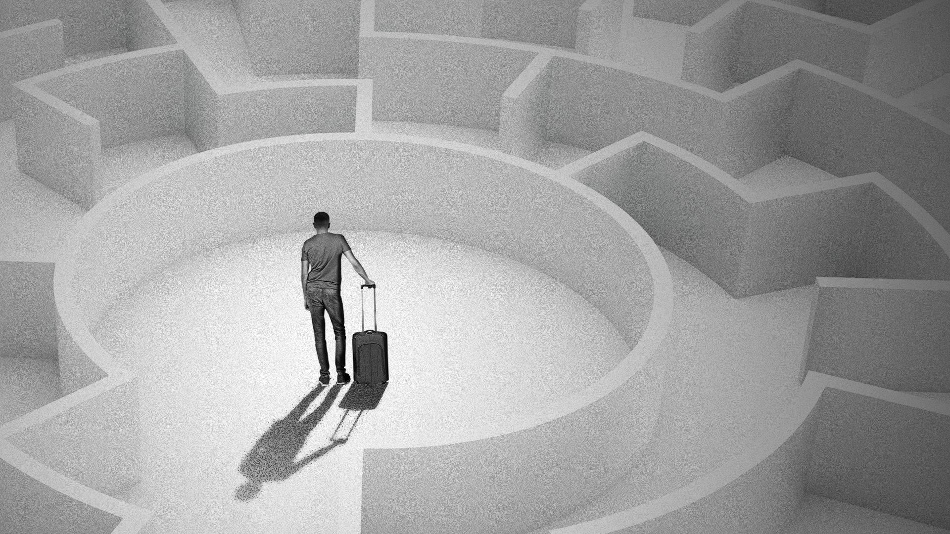 Illustration of a man holding a suitcase in the center of a maze.  