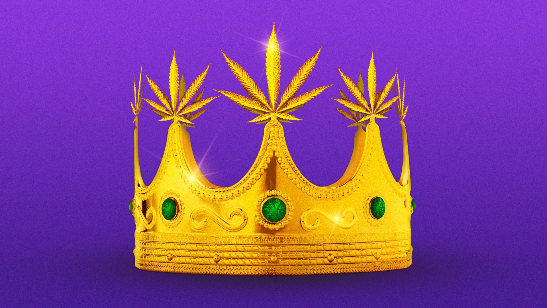 Illustration of a gold crown with green jewels and the peaks of the crown form marijuana leaves.