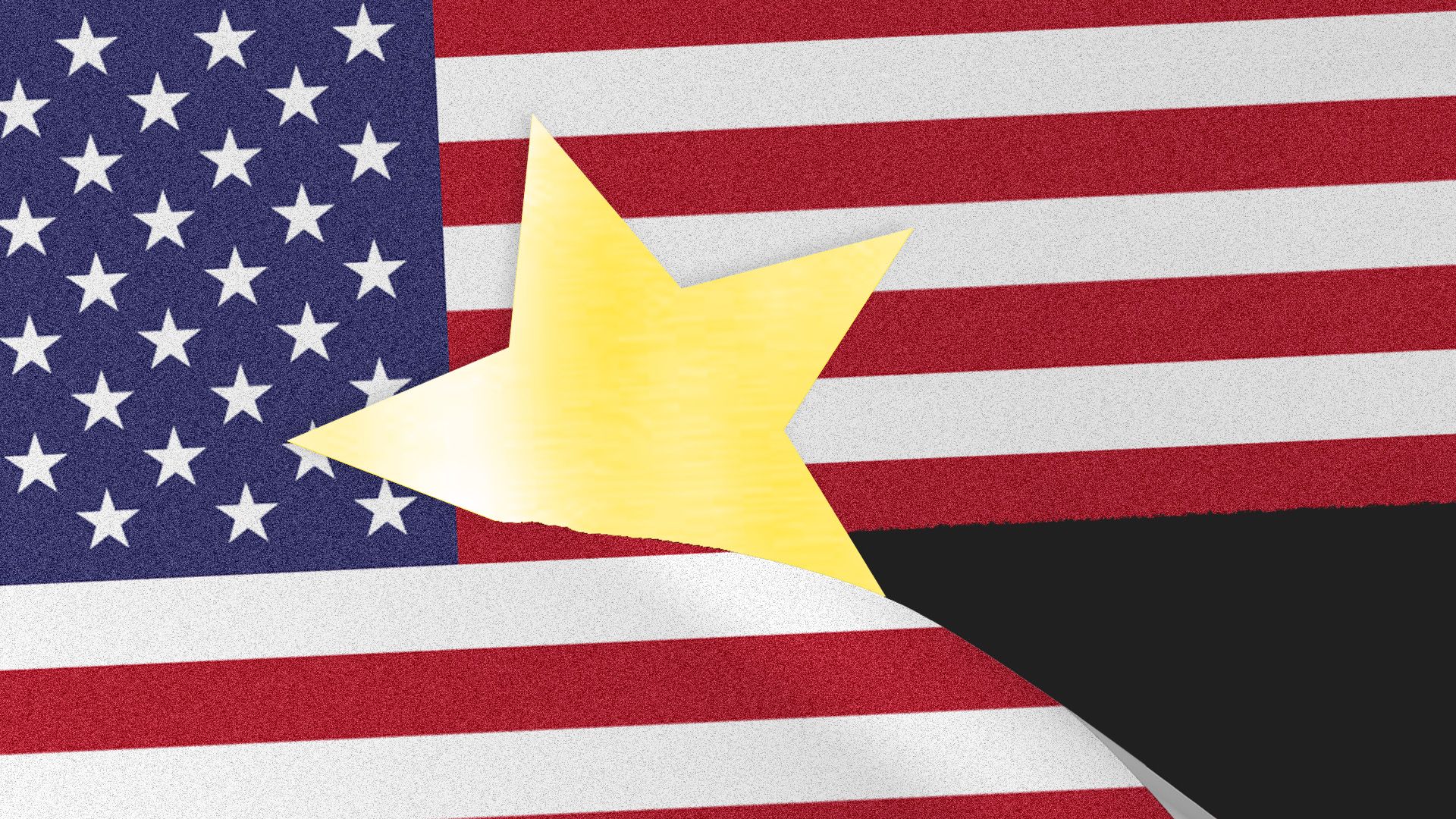 Photo of American flag being sliced in half by a Chinese yellow star