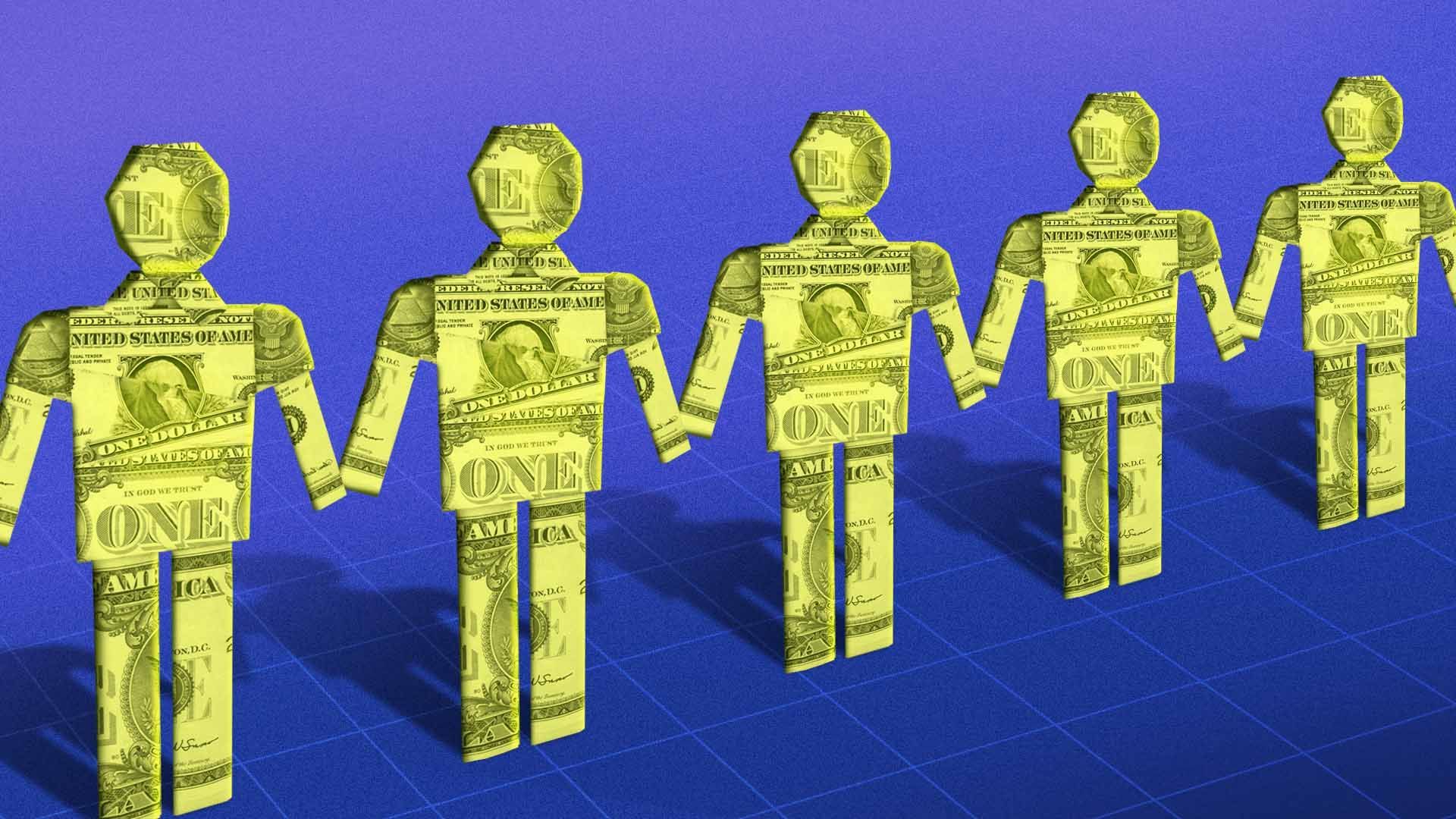 Illustration of a bunch of origami dollar bills folded into  human form holding hands