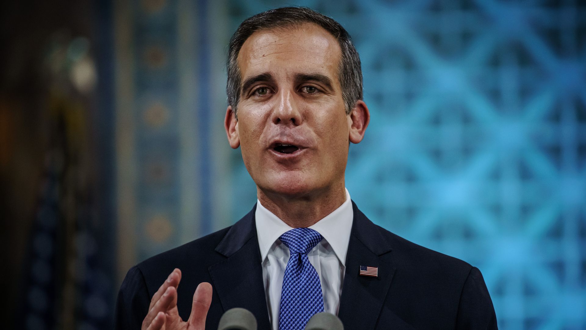 Los Angeles Mayor Eric Garcetti is seen delivering a speech.