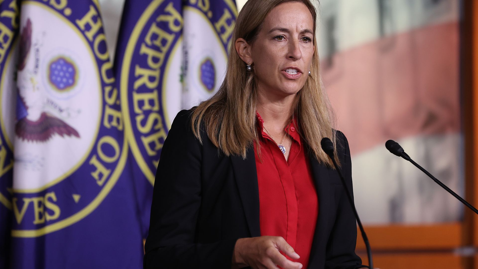 Rep. Mikie Sherrill standing at a podium talking to reporters