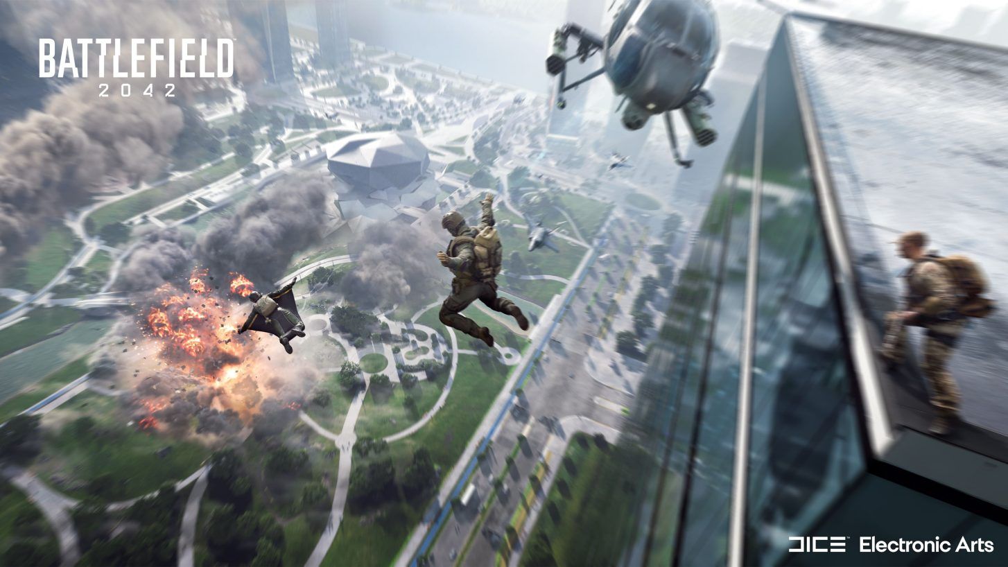 Video game image of soldiers jumping off a skyscraper, wearing wingsuits