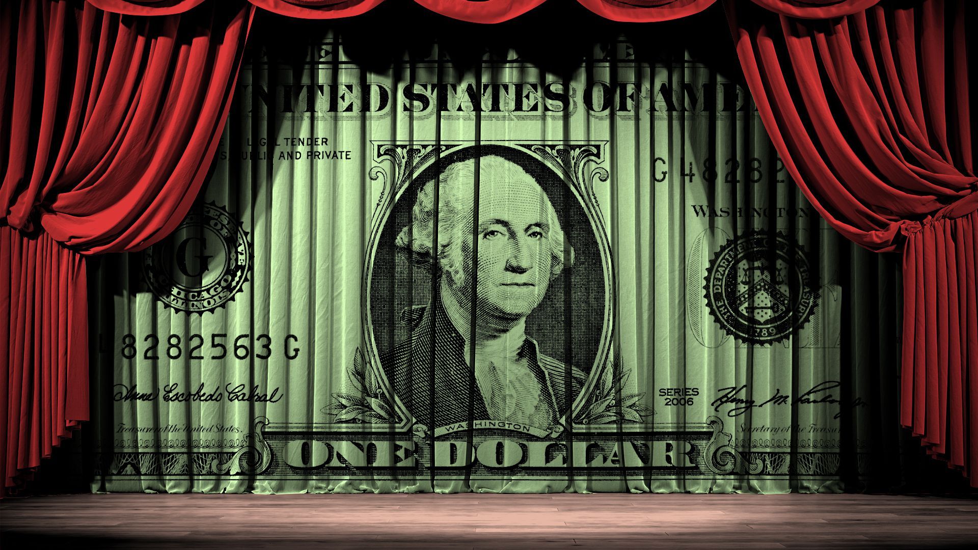 Illustration of a theater stage, with a dollar bill printed on the curtains.