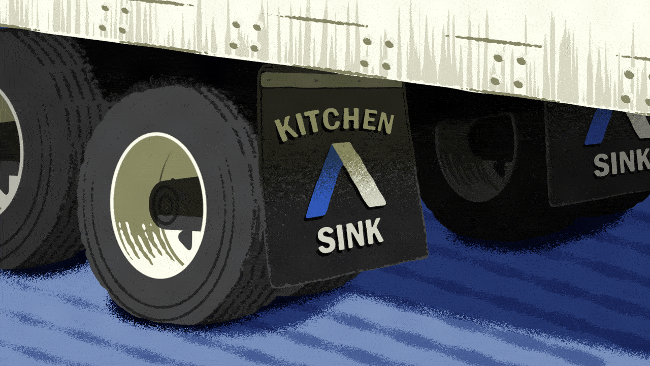 Animated illustration of the rear tires of an 18-wheeler truck with mud flaps that read KITCHEN SINK with an Axios logo in the middle of them.
