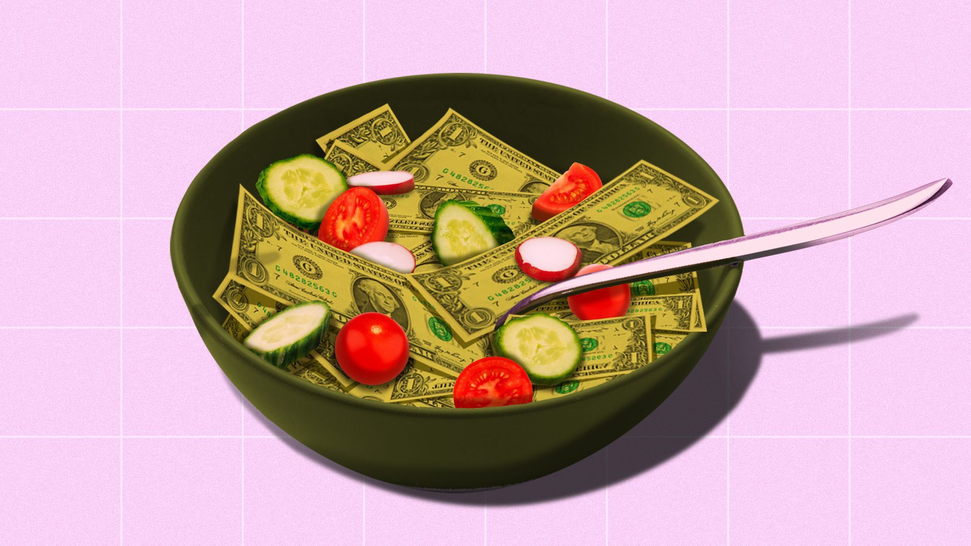 Illustration of a salad made up of dollar bills.