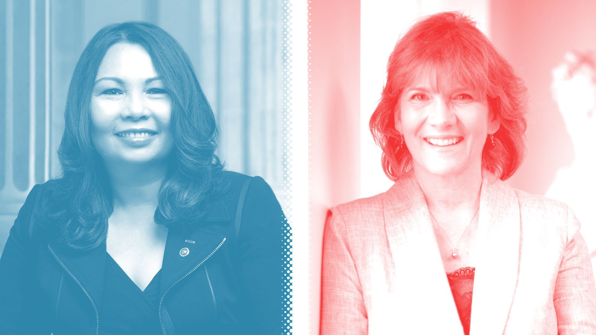 Photo illustration of Christine Tammy Duckworth, tinted blue, and Kathy Salvi , tinted red, separated by a white halftone divider.