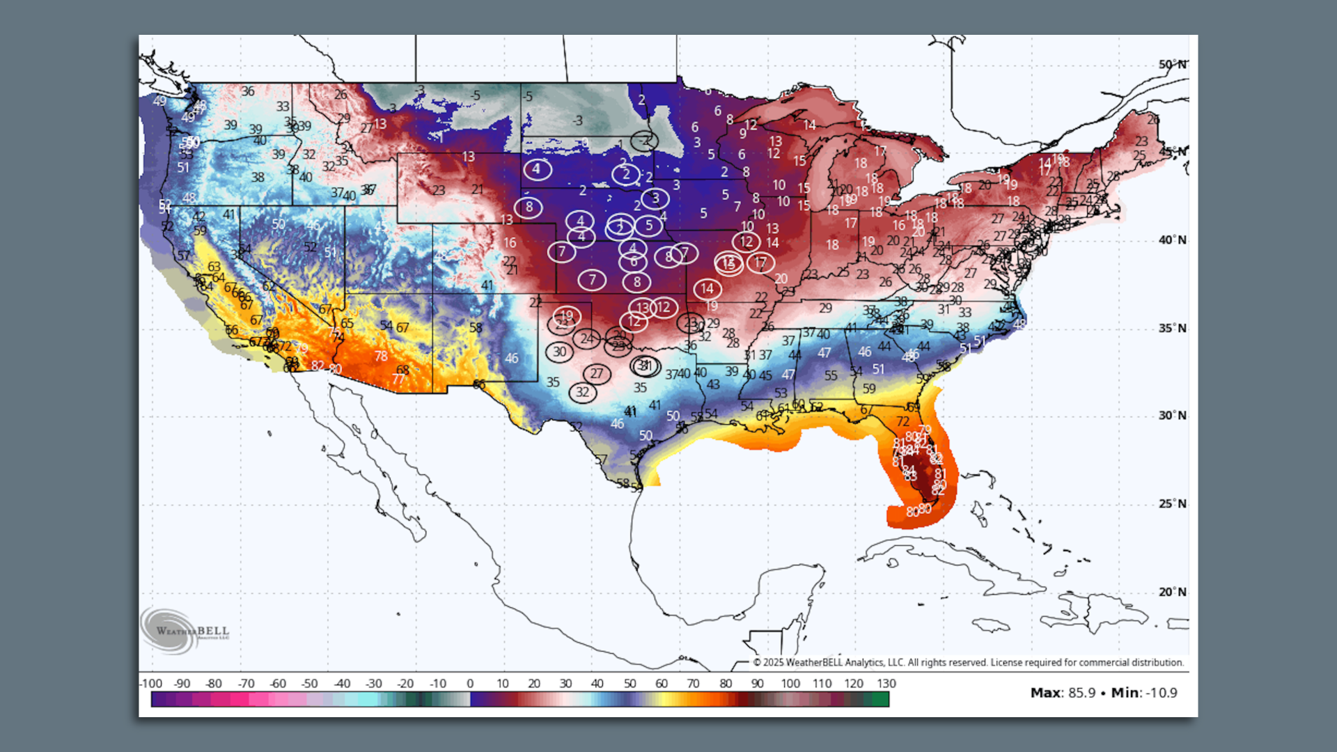 Map showing forecast high temperatures on Feb. 19, with forecast record cold maximum temperatures circled. 