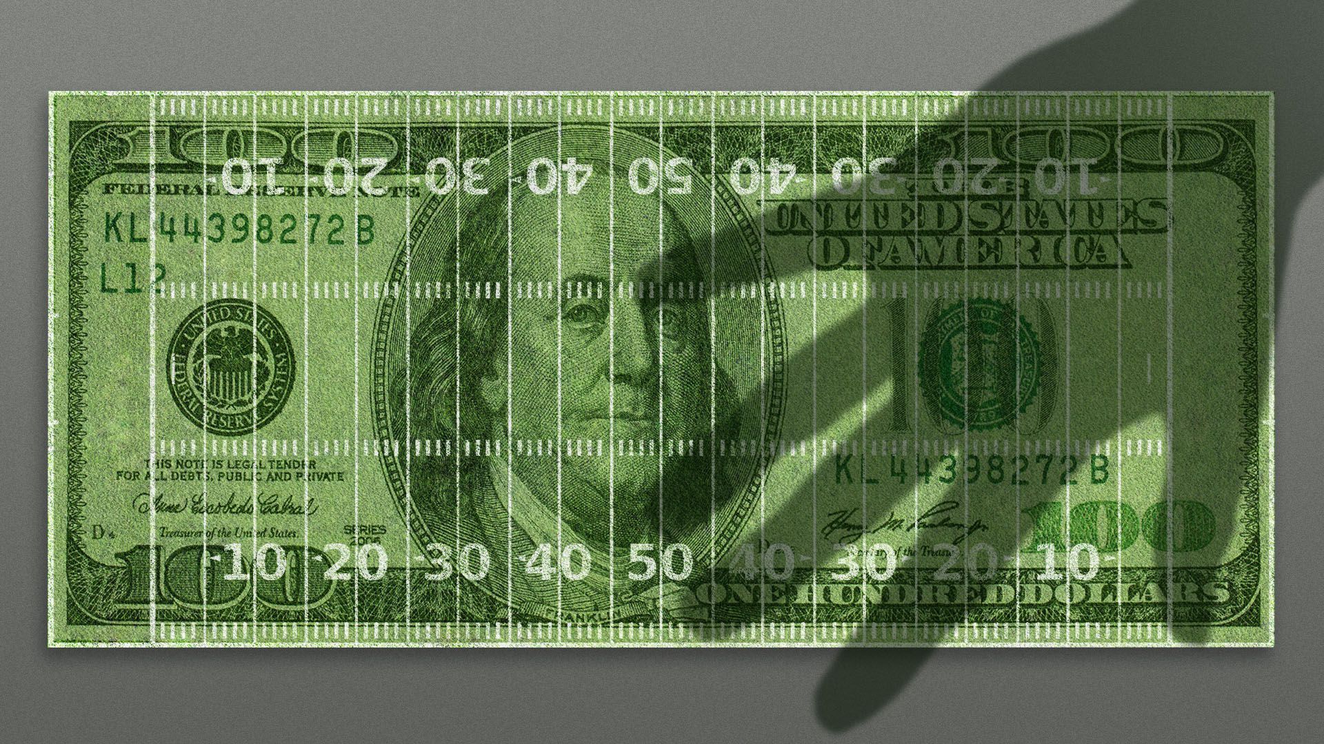 Illustration of a hundred dollar bill in the shape of a football field with a shadow of hand looming over