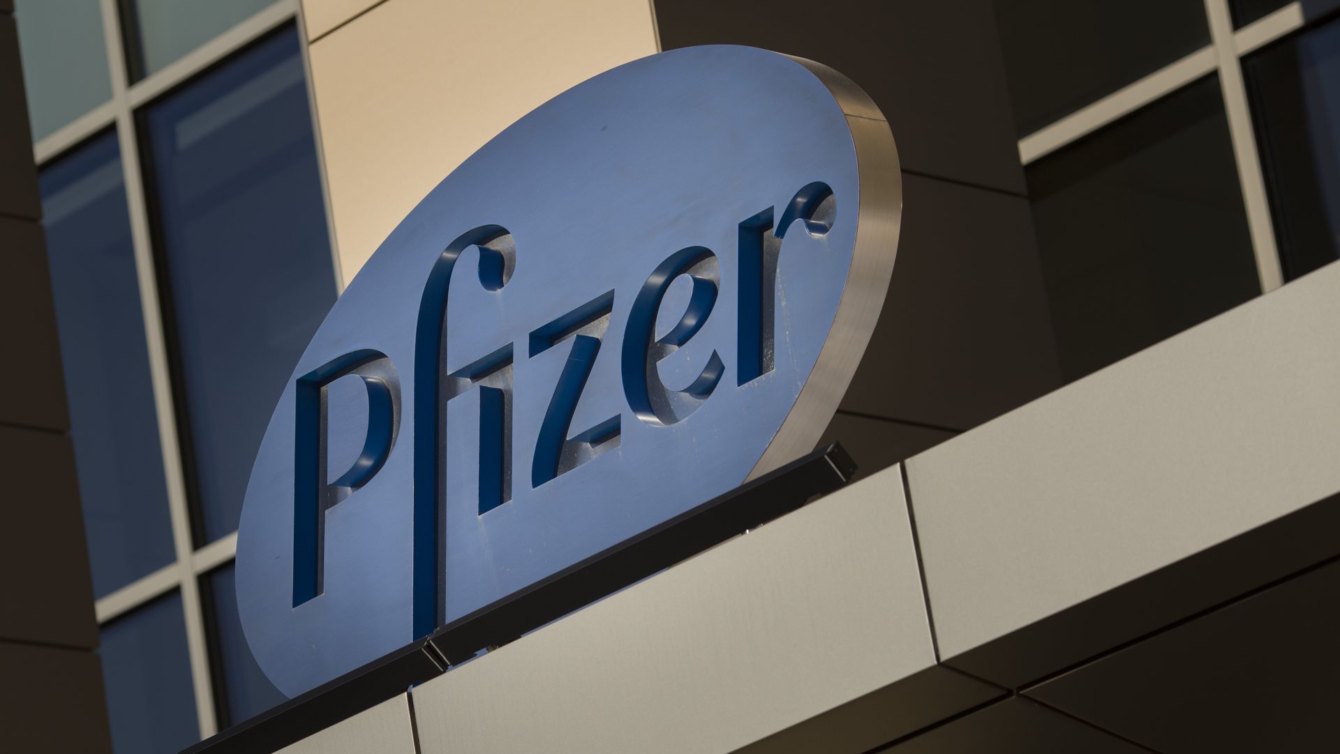 A sign for Pfizer on a building in Massachusetts.