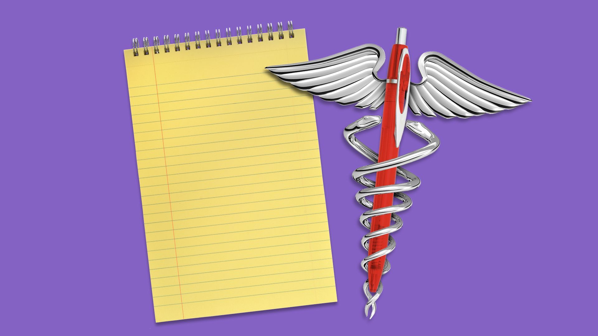 Illustration of a caduceus wrapped around a pen next to a small notepad