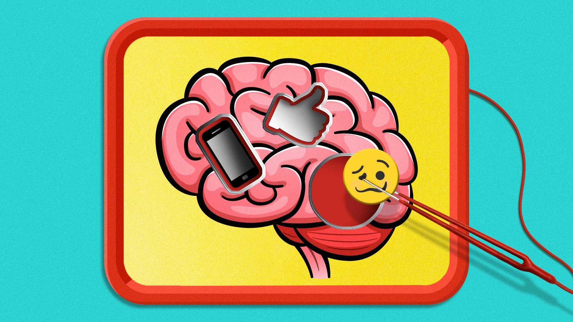 Illustration of an operation game containing a thumbs up, an emoji, and a cell phone.