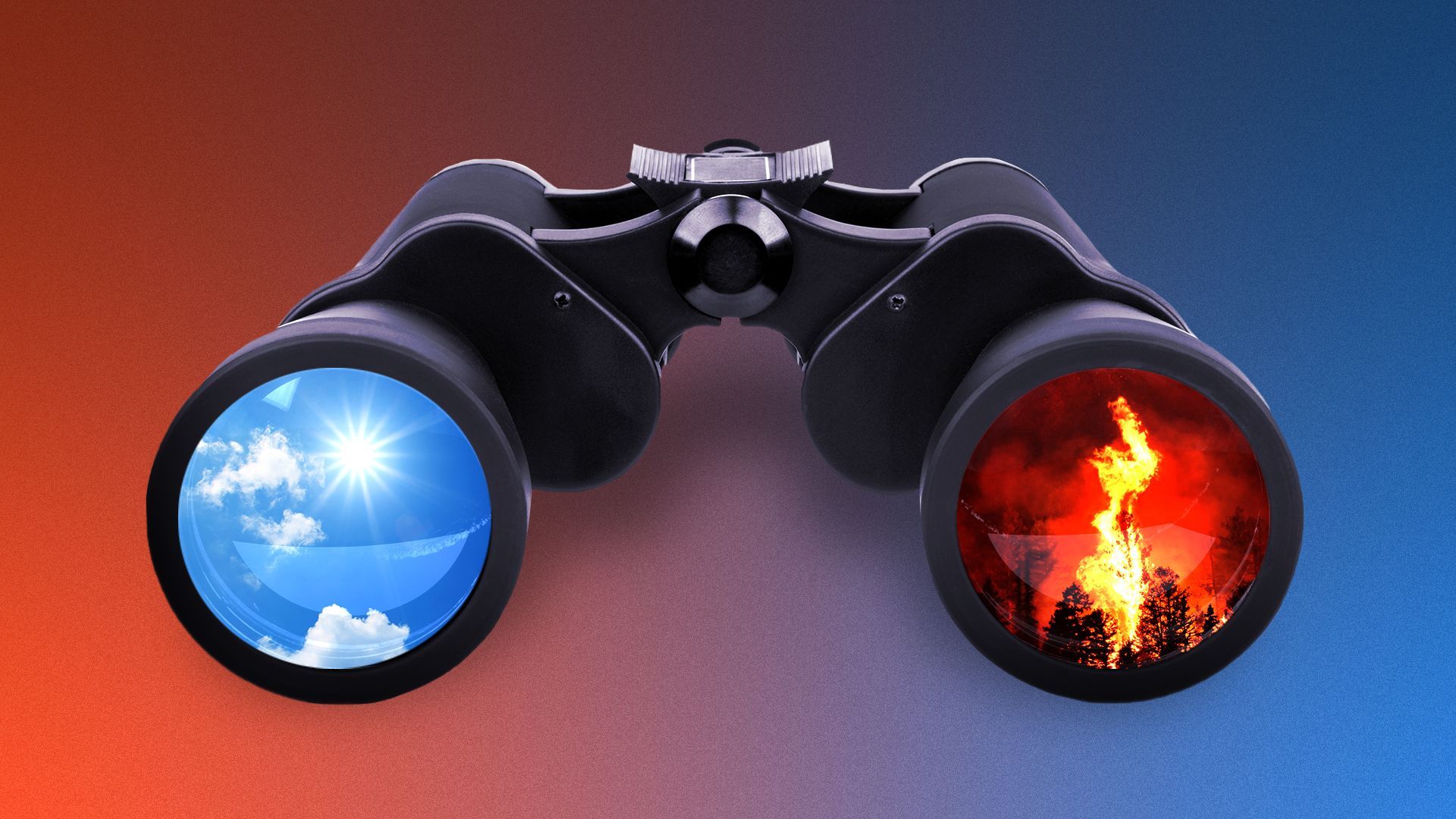 Illustration of binoculars. One lens is a sunny blue sky, the other shows a wildfire.
