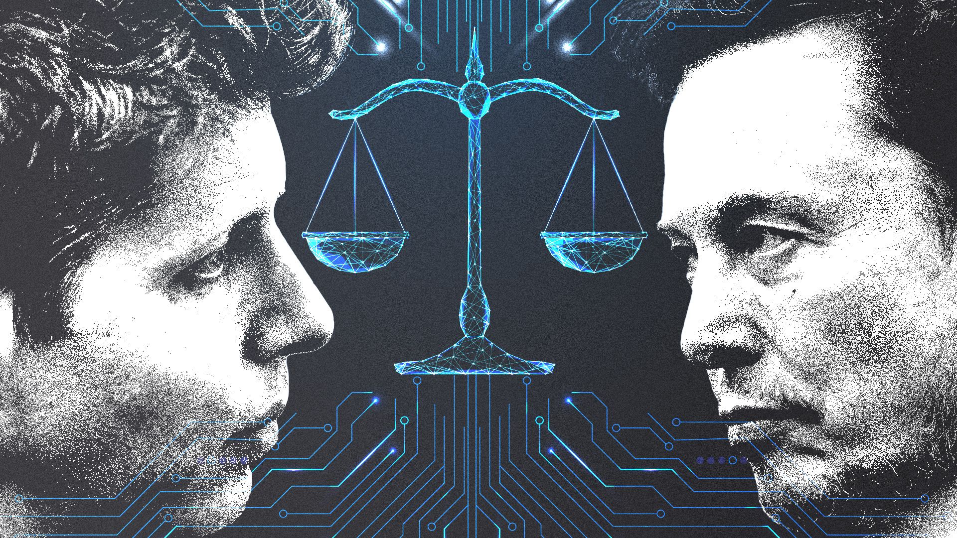 Photo illustration of Elon Musk and Sam Altman staring at each other with a stylized wireframe scale of justice and circuitry patterns glowing between them. 