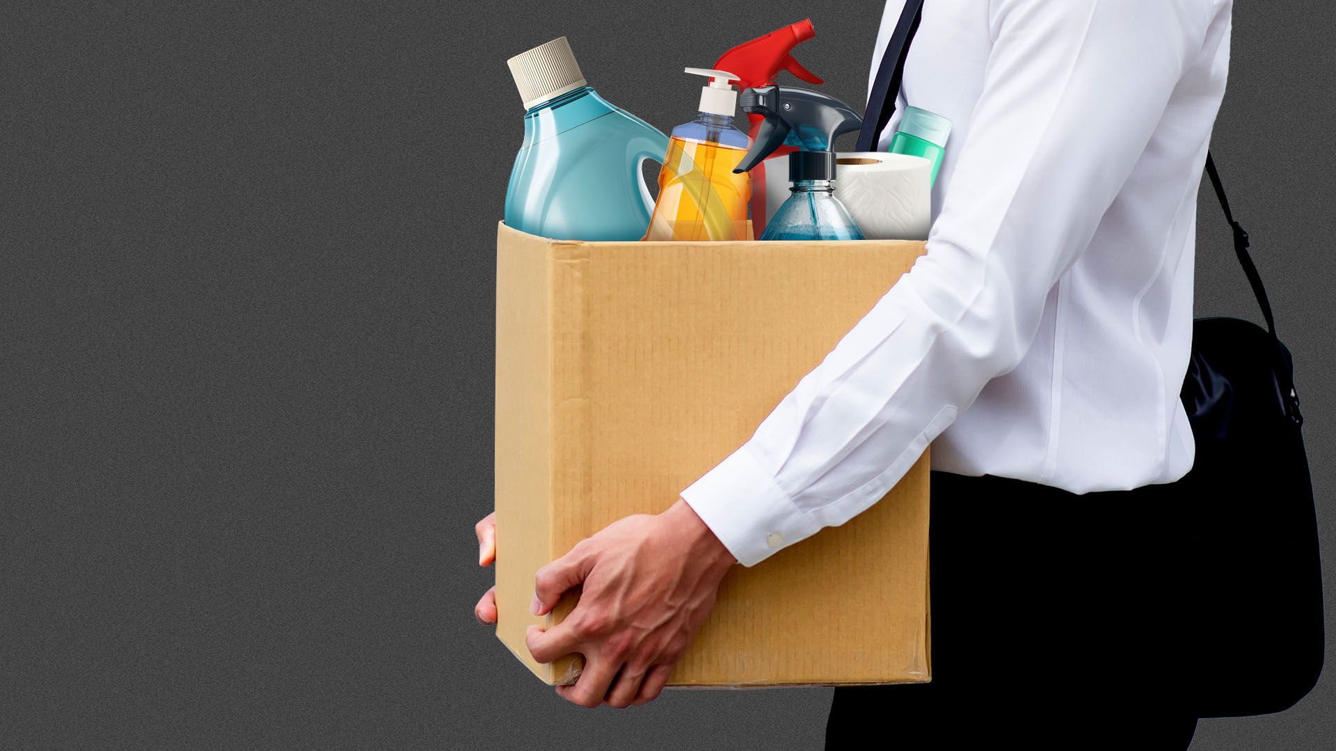 Illustration of a white collar businessman holding a cardboard box full of cleaning supplies