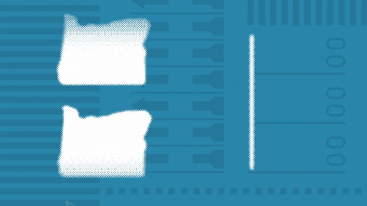 Animated photo illustration of a checkmark rotating to reveal a speaking Kamala Harris, with a line of Oregon state outlines moving downward.