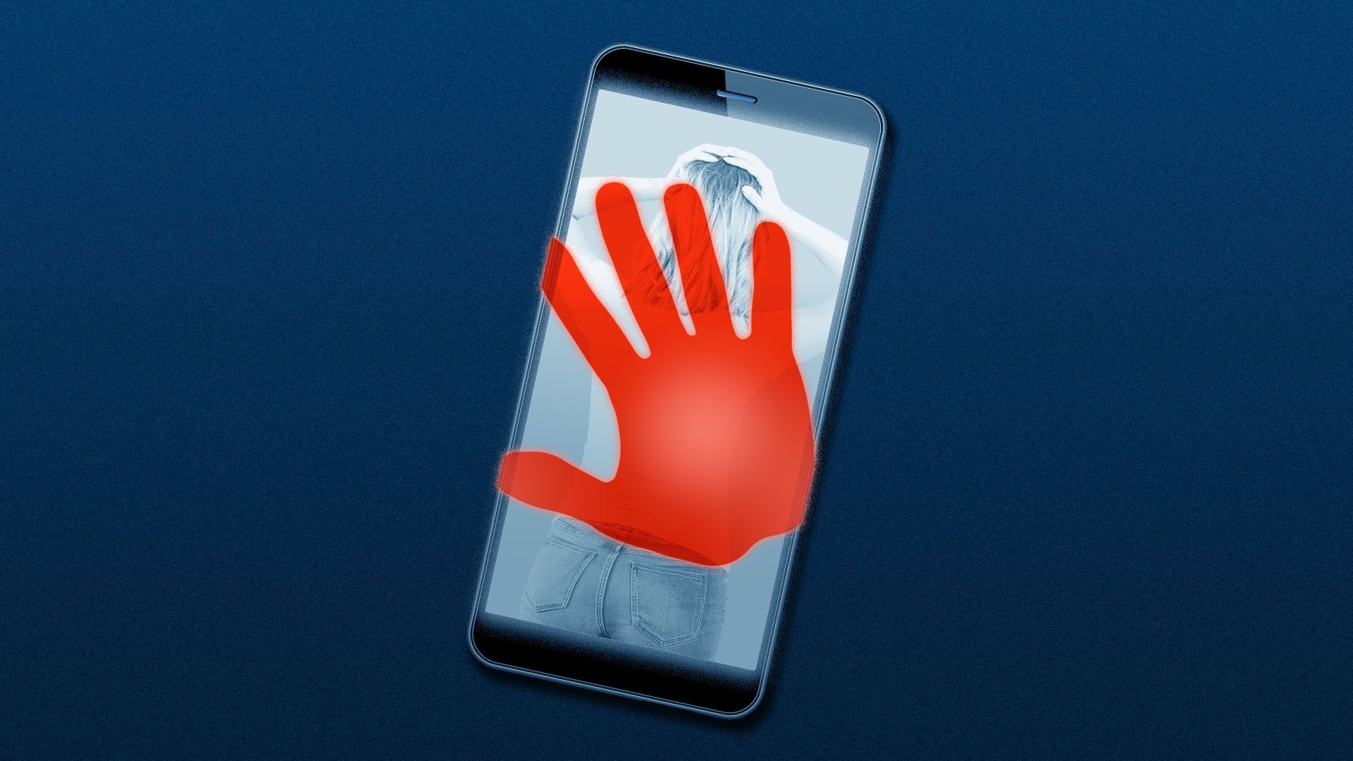 Illustration of a cell phone with an image of a woman on the screen and a red handprint over it