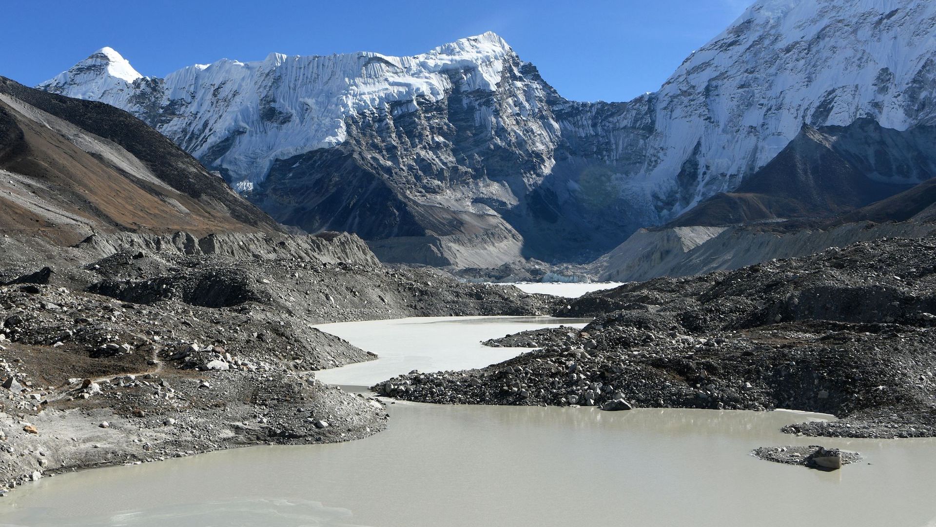 The Imja glacial lake controlled exit channel in the Everest region of the Solukhumbu district, northeast of Kathmandu. 