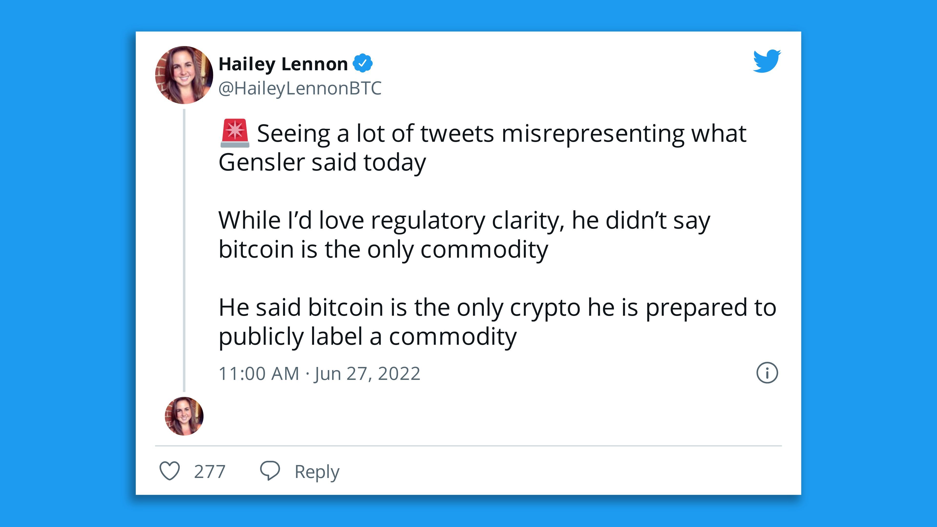 Hailey Lennon on Gensler's security comment on Twitter. 