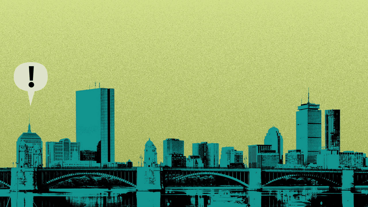 Illustration of the Boston skyline with word balloons with exclamation points popping up from left to right.