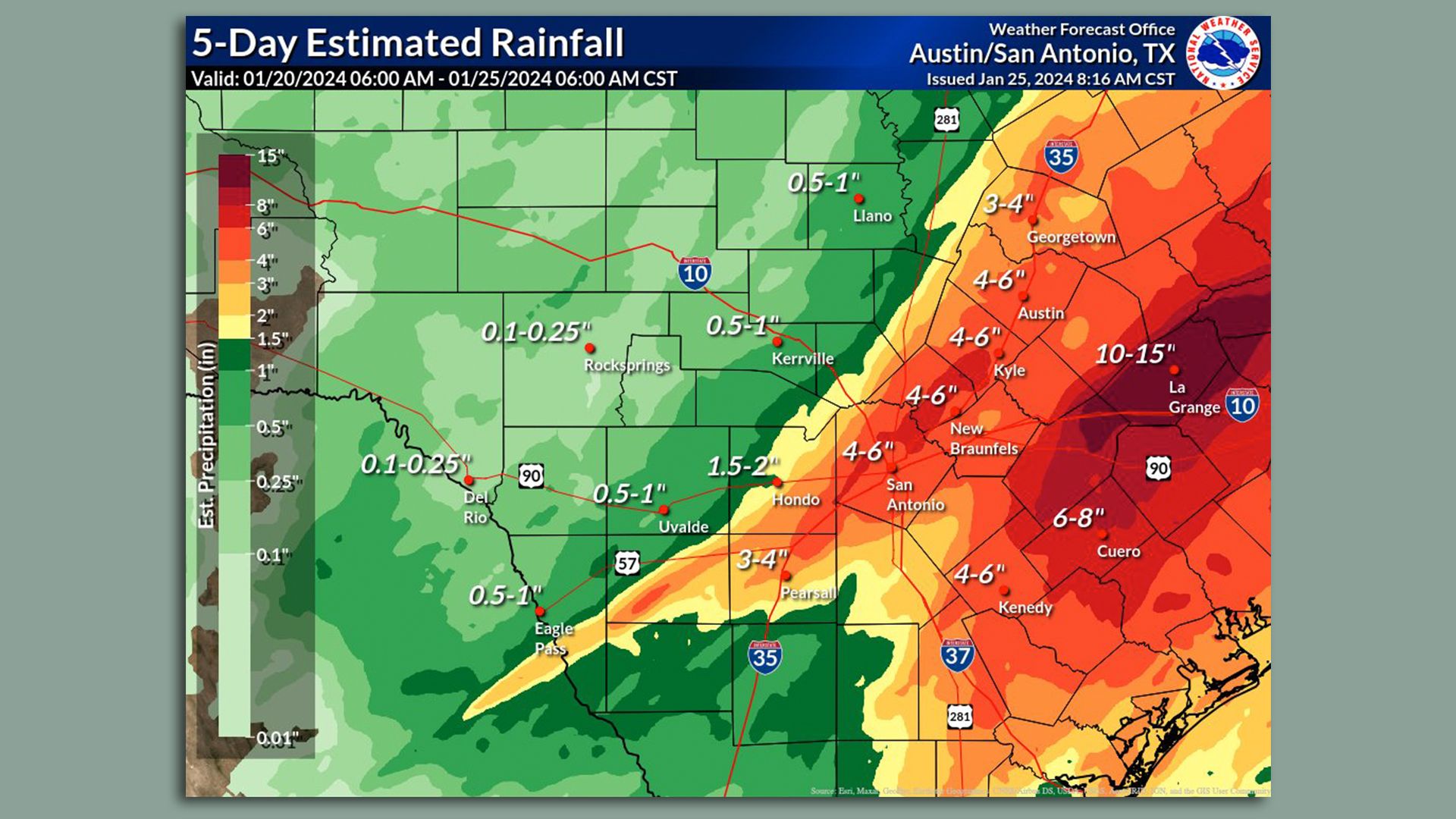 A map shows San Antonio received 4 to 6 inches of rainfall this week in January.