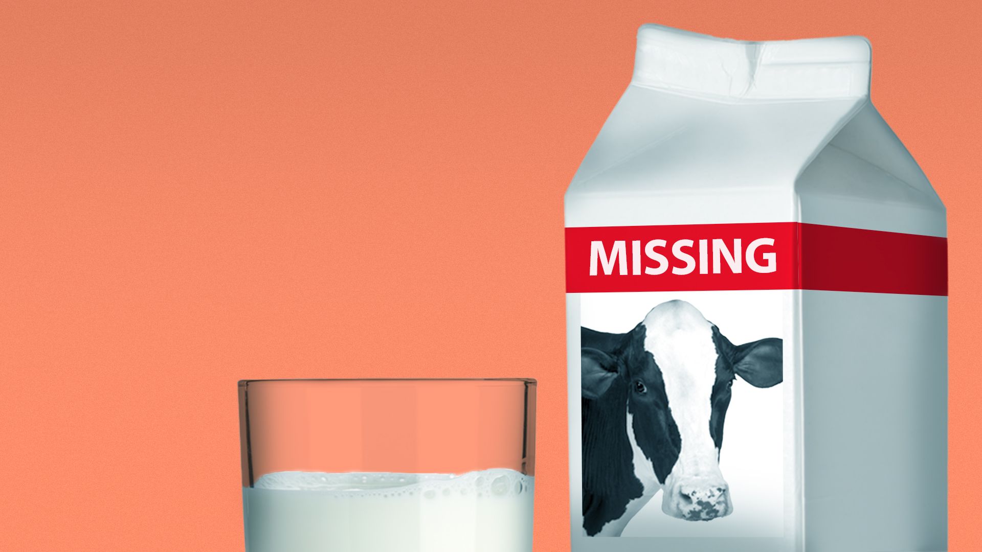 Illustration of a glass of milk and a milk carton with a missing cow. 