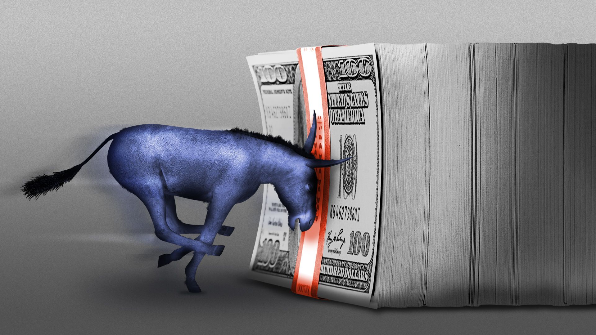 Illustration of a blue donkey running at and hitting a giant stack of hundred dollar bills