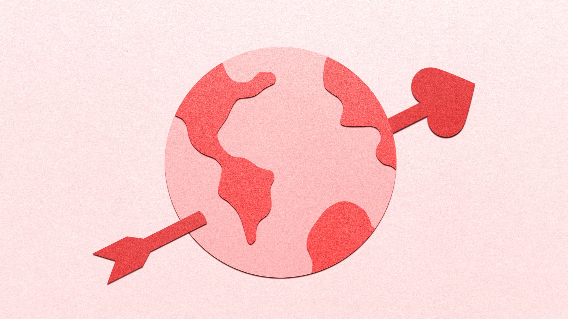 a pink paper cut illustration of the earth with an arrow going through the center of it 