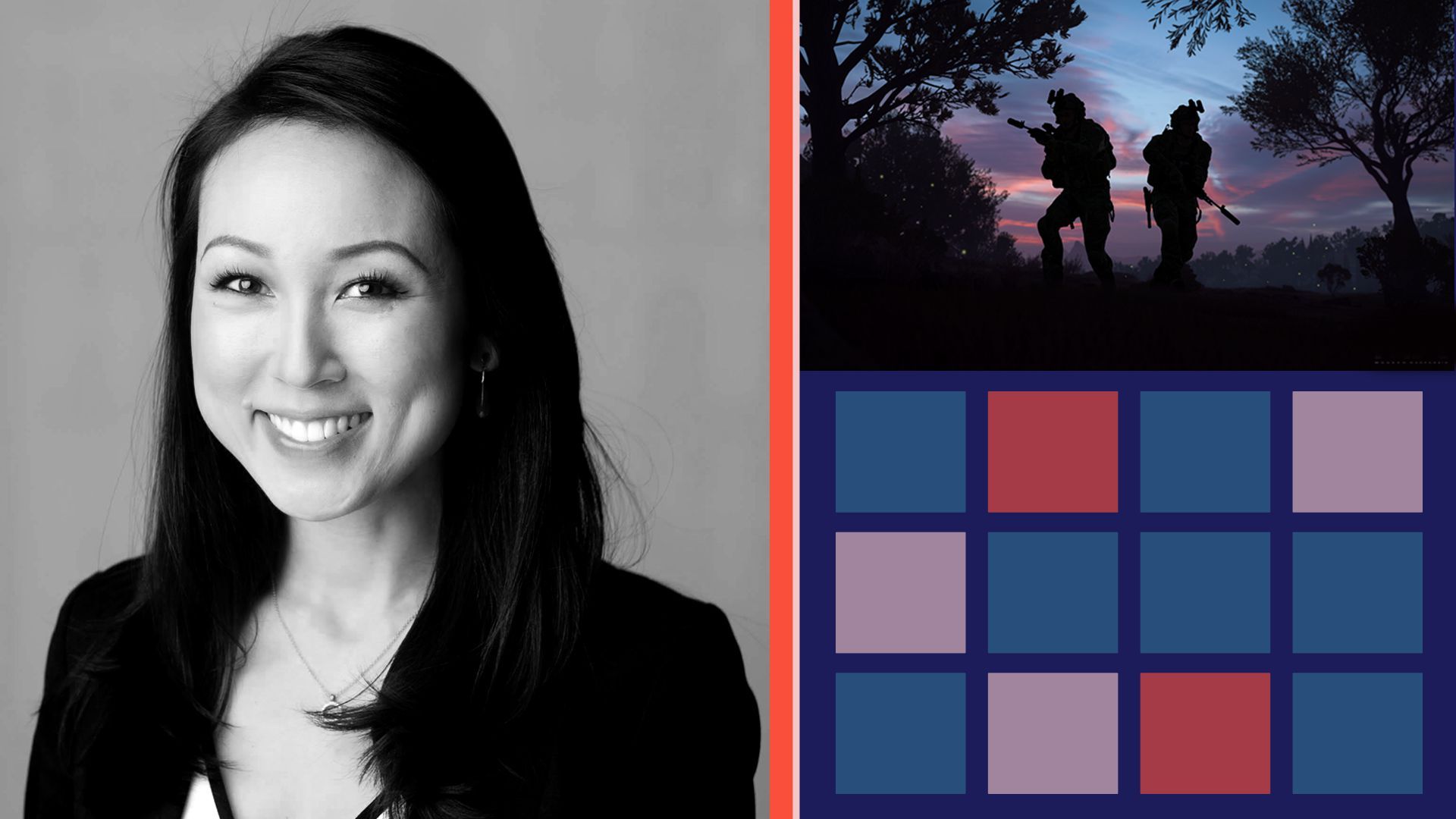 Photo illustration of Executive Vice President, Corporate Affairs and Chief Communications at Activision Blizzard Lulu Cheng Meservey with screen shot of Call of Duty and various shapes